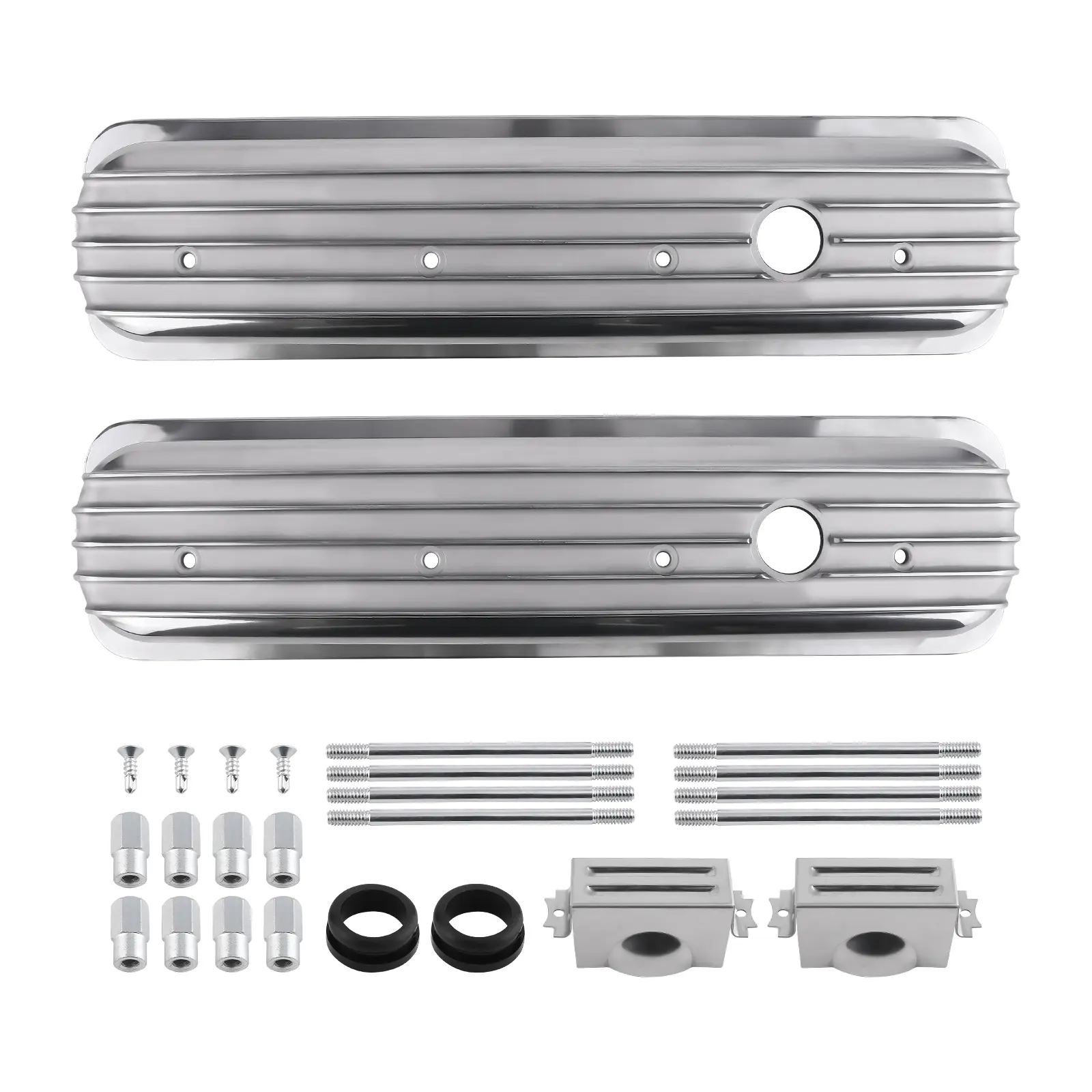 2 x Fabricated Aluminum Valve Covers Center Bolt For SBC Small Block compatible for Chevy engines