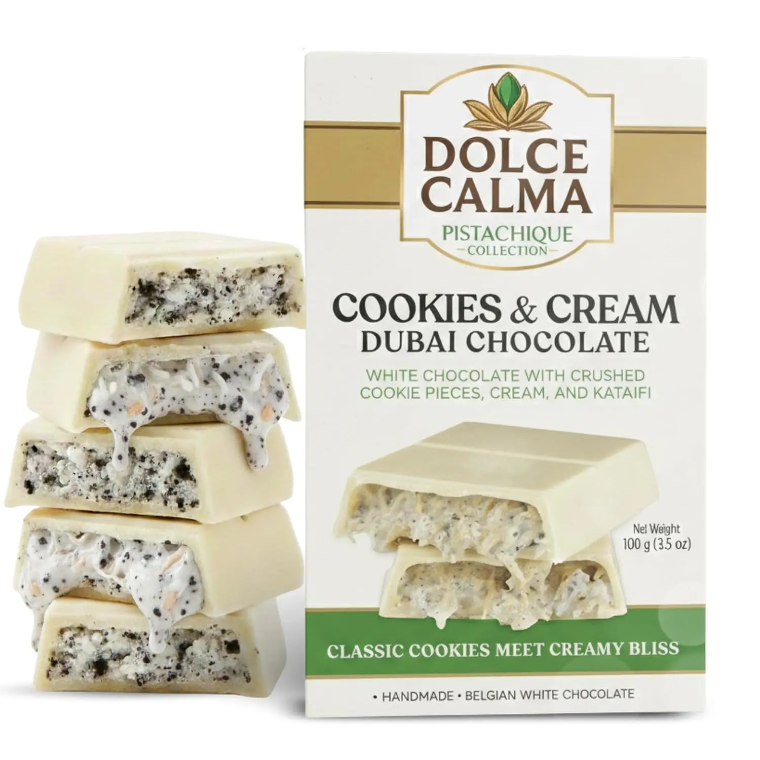 Dolce Calma Dubai Chocolate Bar Cookie  – Viral Authentic Handmade Belgian Chocolate with Turkish Pistachio & Crispy Kataifi, Premium Candy, Luxury Cream Kunafa Filling (100g / 3.5oz) - Pack of 3