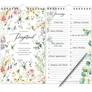 Perpetual Calendar - Undated Calendar 12-Month, 6'' x 10'' with 2 Lines Per Days, for Birthday, Anniversaries, Important Days, Festivals Reminder, -wire Binding, Thicker Paper - Floral Flip Scheduler Design