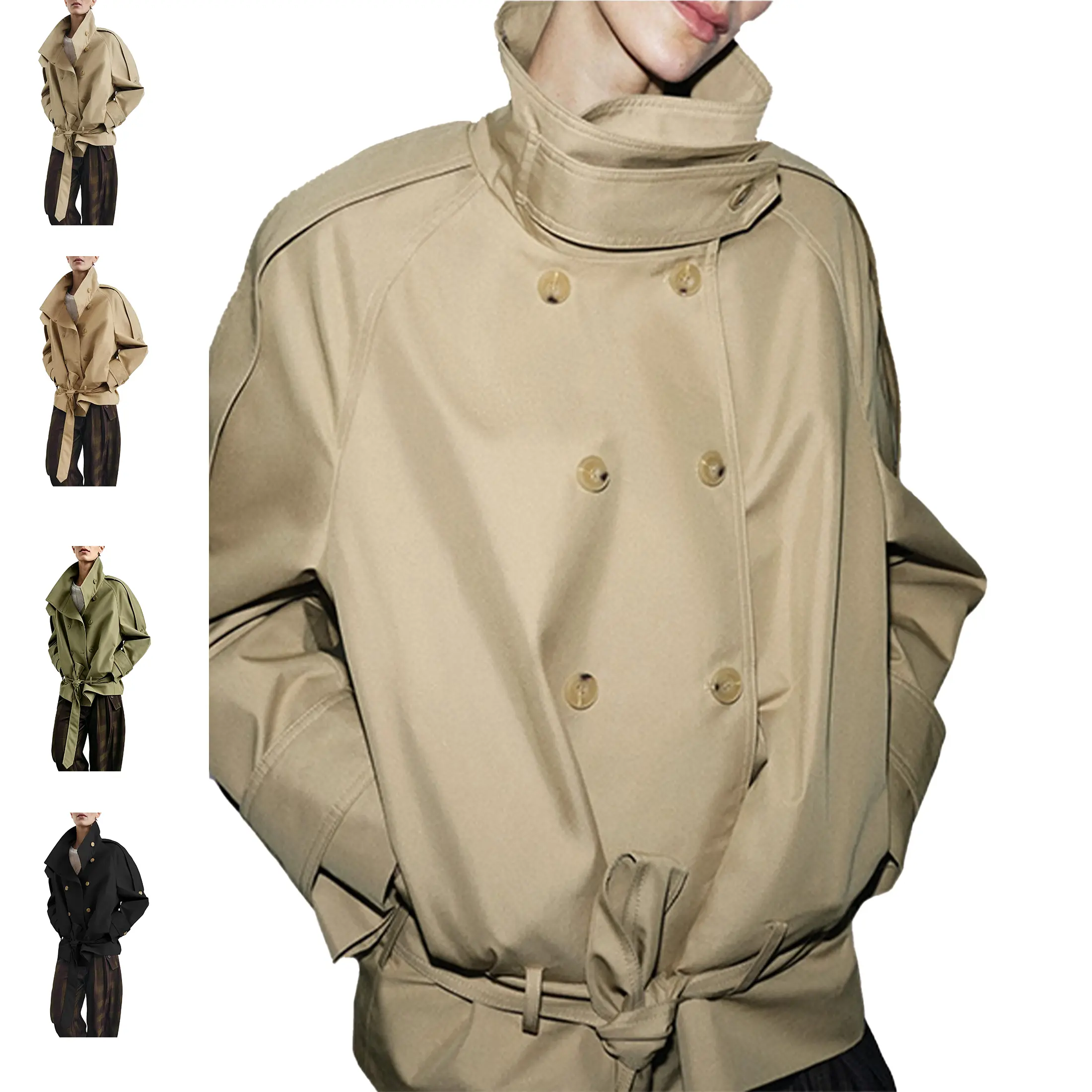 Wandal Women Cropped Trench Coat Funnel Neck Double Breasted Belted Jacket 2026 Trendy Fall Winter Outfits Loose Windproof Street Commute Outerwear OOTD