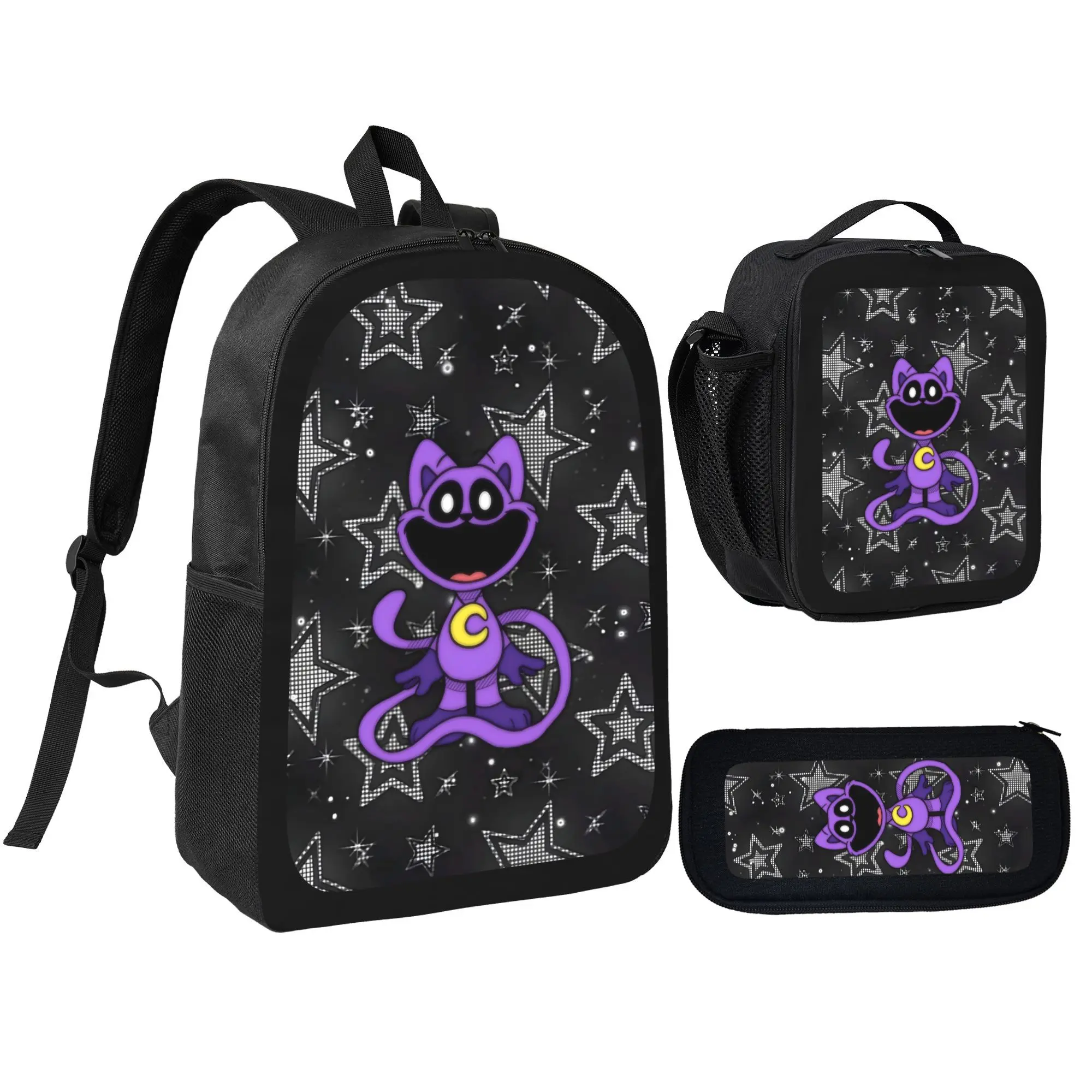 CatNap Cartoon Backpack 3Pcs Set with Insulated Lunch Bag & Pencil Case for Boys Girls, Anime Starry Night School Bookbag Print Pack