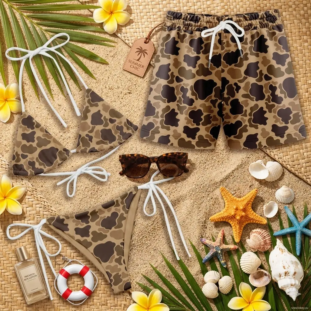 Matching Couple Swimwear Set - Vintage Duck Camo Bikini and Men's Board Shorts - Hunter Camouflage Summer Beachwear Outfits