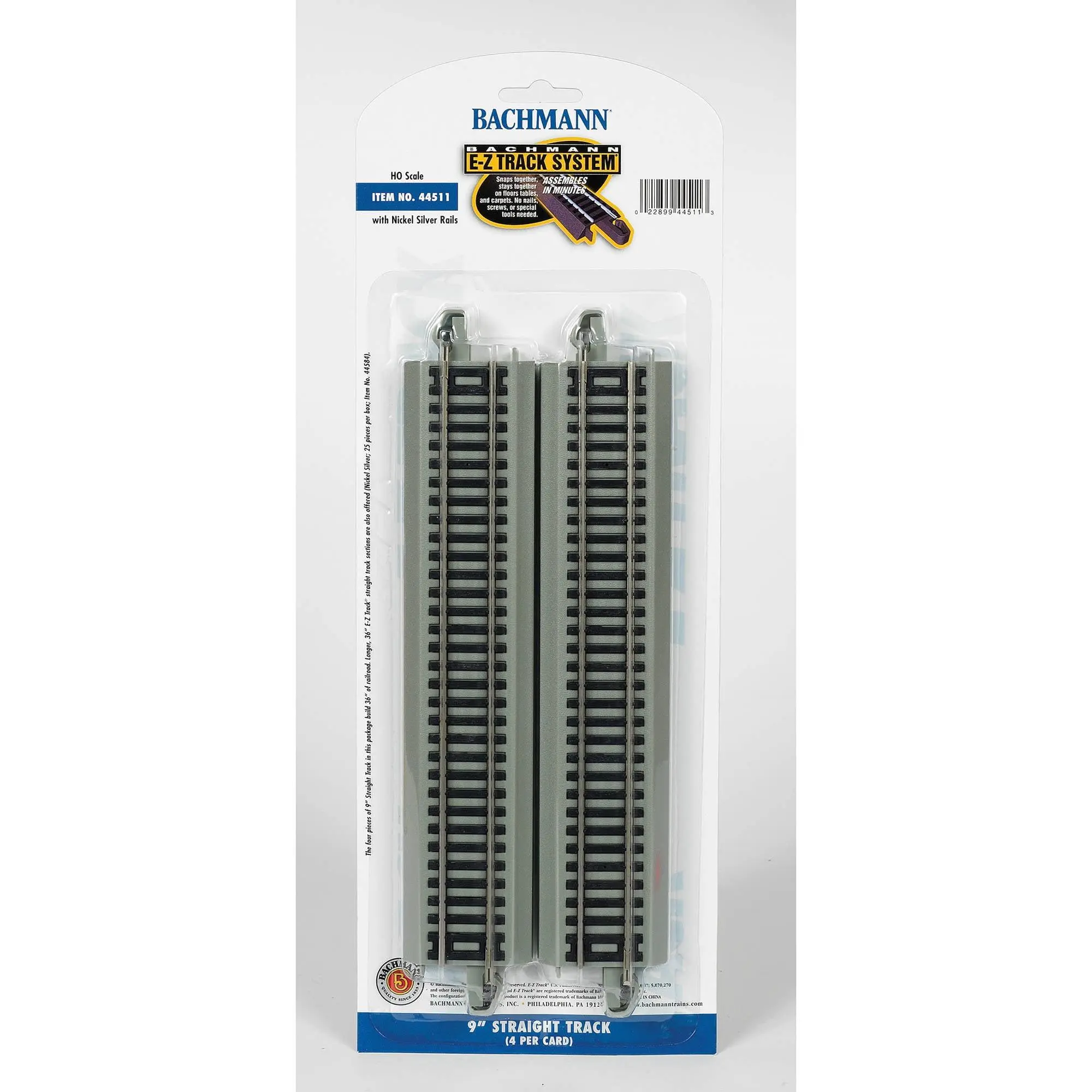 Bachmann Trains - Snap-Fit E-Z Track Straight Track (4/card) - Nickel Silver Rail With Gray Roadbed - HO Scale