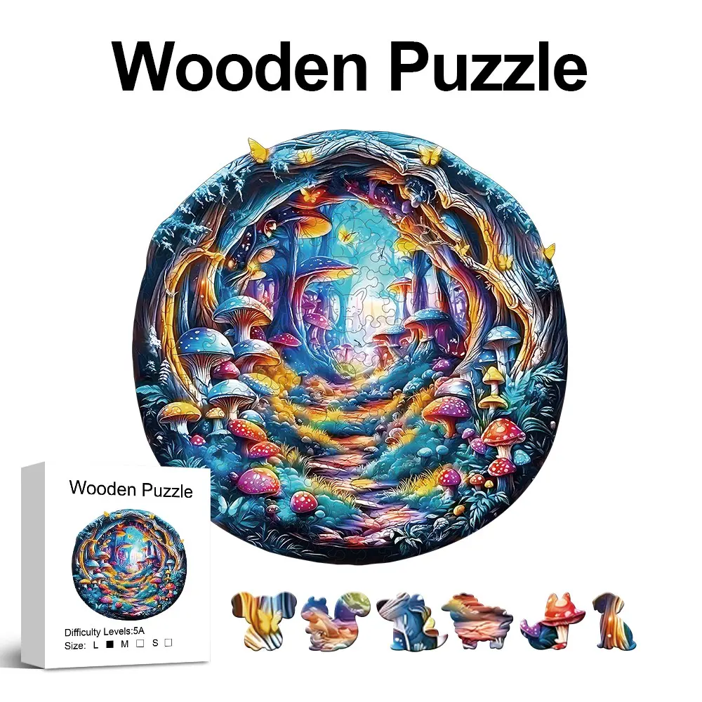 Mushroom Forest Wooden Puzzle for Adults, Unique Shaped Pieces, Exquisite Gift Box, Brain Exercise, Room Decor, Holiday Gifts, Christmas Gifts