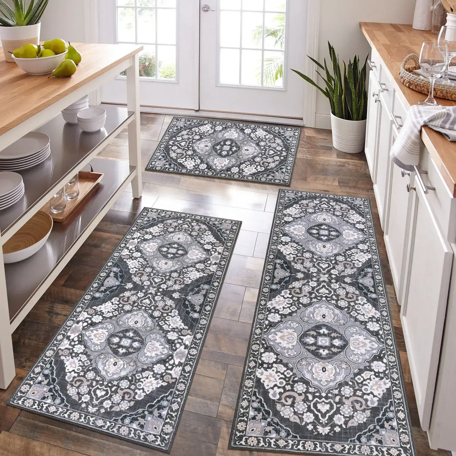 3-Piece Rectangular Kitchen Rug Set Gray Floral Medallion Machine-Washable Non-Slip Rugs for Kitchen Laundry Room Bohemian Style