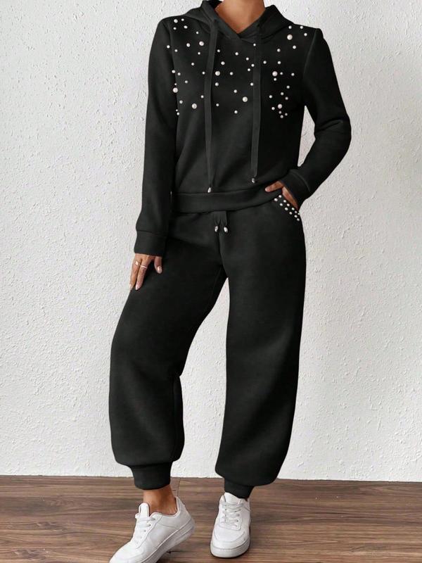 Two piece women's Korean casual black hoodie and pants set, suitable for autumn and winter, suitable for home, indoor, and outdoor wear