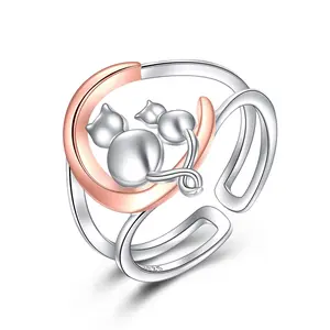 Cat Ring Sterling Silver Mother Daughter Cat Adjustable Ring