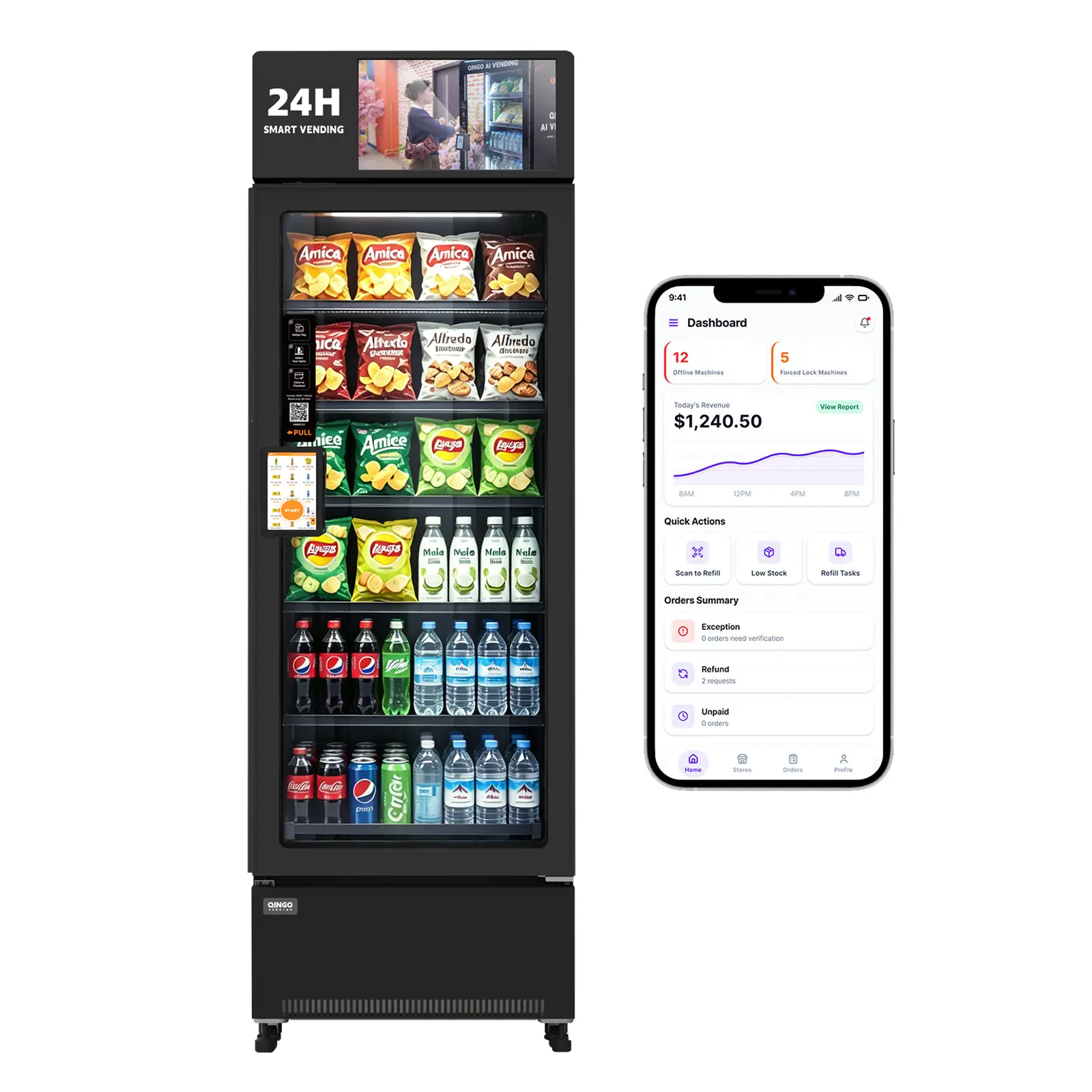 qingovending 509 Smart Vending Machine, Refrigerated Snack and Drink Combo Machine with Display Screen, WiFi, Product Pushers, Cashless Payment and Remote Management