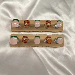 Short Tortoise Shell Press On Nail Set with Elegant Brown and Green Colors for Stylish Manicures