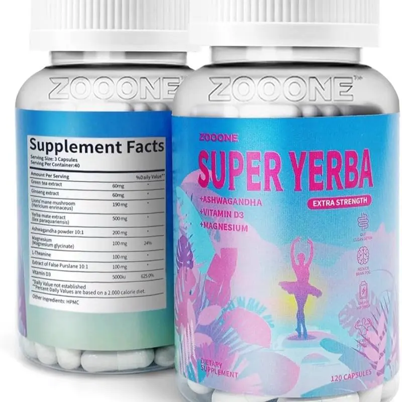 Zooone Super Yerba Mate Natural Dietary Fitness Supplement Vitamins Capsules - Brain Formula with Lion's Mane, Sugar-Free, Extra Strength, Gut & Digestive Support, Metabolism Boost, Focus Support, 120 Count Herbal Supplements