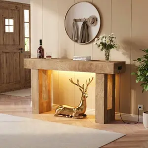 63" Farmhouse Console Table with Motion Sensor Light, Rustic Entryway Sofa Table with Shelves for Hallway