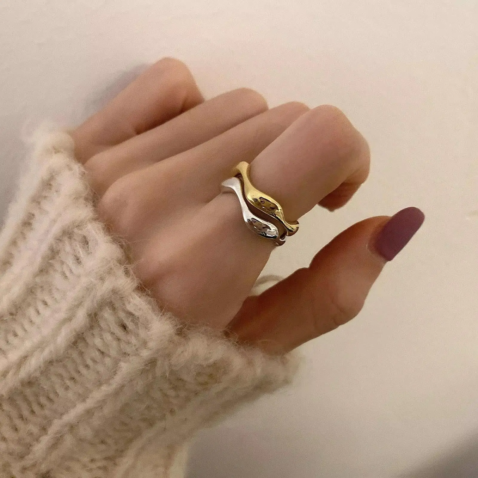 VENTFILLE 925 Sterling Silver Irregular Design Wave Golden Stackable Finger Rings Trendy Adjustable For Women Gifts
