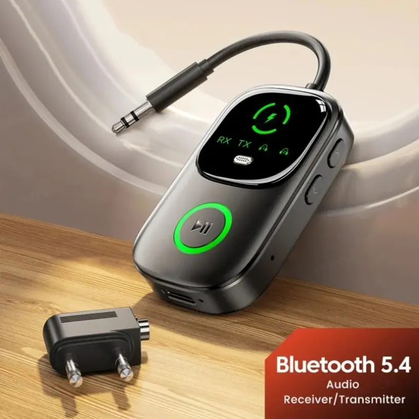 Bluetooth 5.4 Audio Receiver-Transmitter Adapter with 3.5mm Port, 300mAh Lithium Polymer Battery, 12mm×3.5mm×1.5mm Size, 23g Weight, 18H Playtime, Low Latency, Hands-Free Call for Cars, TVs, Gym Equipment, Fitness Equipment