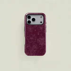 Wine-red retro elegant floral and star line drawing pattern protective case, sturdy and durable 2-in-1 case, compatible with iPhone 17/16/15/14/13/12/11 Pro Max/Plus/Pro, Samsung Galaxy S25/S24/S23 Ultra series, simple and stylish phone case.