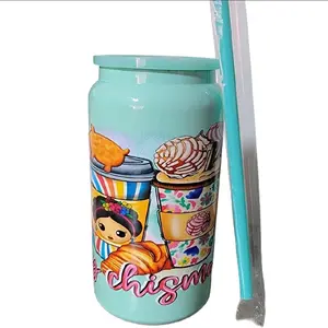 (Cafecito Y Chisme) 16 oz Stainless Steel Cup for Hot or Cold Beverages with Fun Food Design and Straw