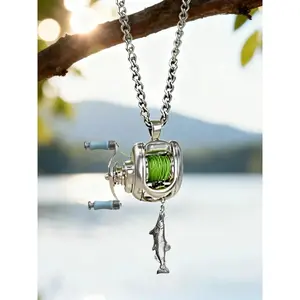 Miniature fishing reel necklace, Charms necklace with rotating handle and movable line guide ring, spinning reel fishing gear keychain, portable pendant, perfect for fishing enthusiast