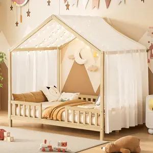 Full Size Bed Frame Montessori Floor Bed with Canopy, House Shaped Bed Frame with High Railings, Roof and Slats, No Box Spring Needed
