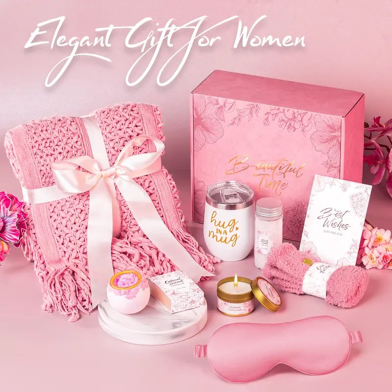 Women's Cozy Self-Care Spa Gift Basket Set - Female Relax & Unwind Kit with Flannel Blanket, Insulated Tumbler That Keeps Drinks Warm or Cold - Mother’s Day GF Present