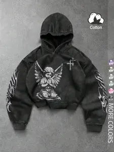 Unisex Vintage Street Style Angel Print Long Sleeve Hoodie, Cross Totem Loose Fit Sweatshirt, Gothic American Streetwear Trendy Clothing Retro-style tops suitable for fashion enthusiasts and couples.