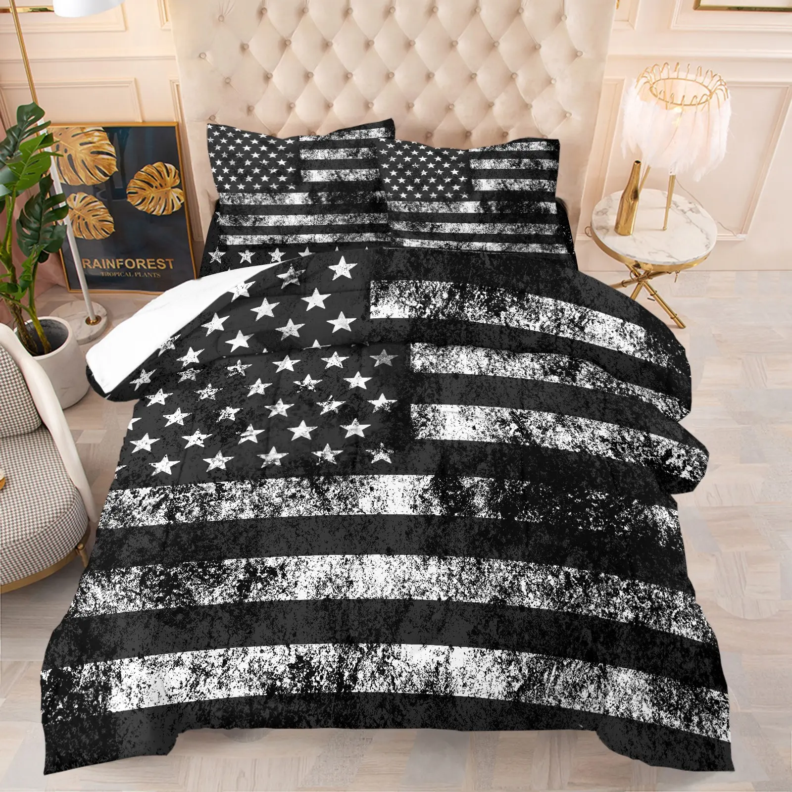 Vintage Black and White American Flag Comforter Set, Decorative Bedding Set, Soft Breathable Patriotic Bedding, 1 Quilt + 1/2 Pillowcases, All-Season Distressed USA Flag Quilt for Bedroom, Dorm & Man Cave Decor, Twin/Full/Queen Size