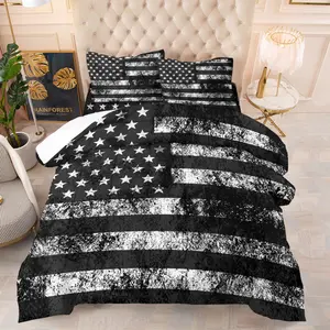 Vintage Black and White American Flag Comforter Set, Bedding Sets, Soft Breathable Patriotic Bedding, 1 Quilt + 1/2 Pillowcases, All-Season Distressed USA Flag Quilt for Bedroom, Dorm & Man Cave Decor, Twin/Full/Queen Size