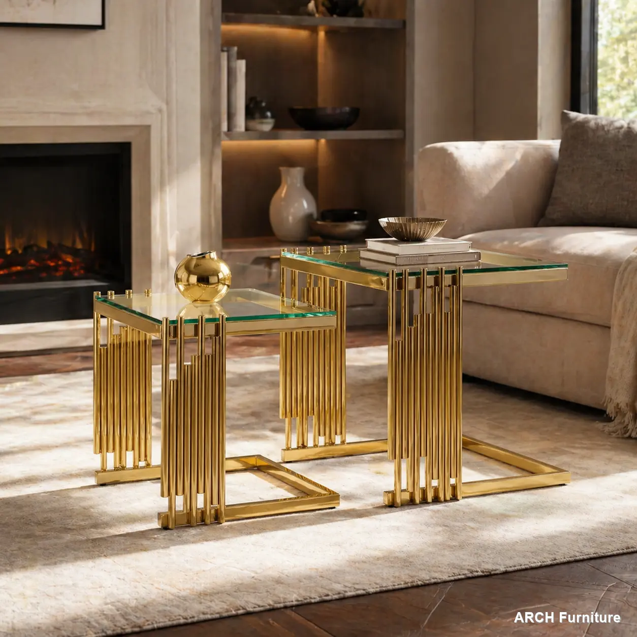 2-Piece Gold Coffee Table Set, Tempered Glass Top, 201 Stainless Steel Frame, Modern Accent Tables, Contemporary Piece for Living Room, Bedroom, Contemporary Coffee Table