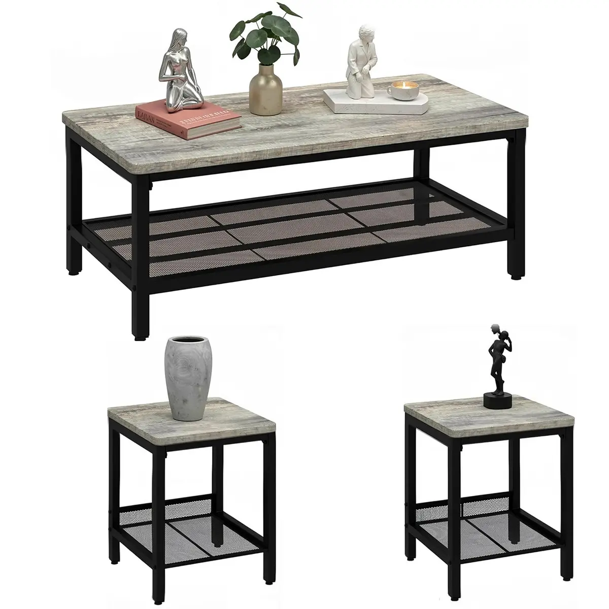 Industrial 3-Piece Coffee Table Set with Metal Legs, Modern Center Table + 2 End Side Tables, Sturdy Living Room Furniture, Easy Assembly, Office or Apartment Decor