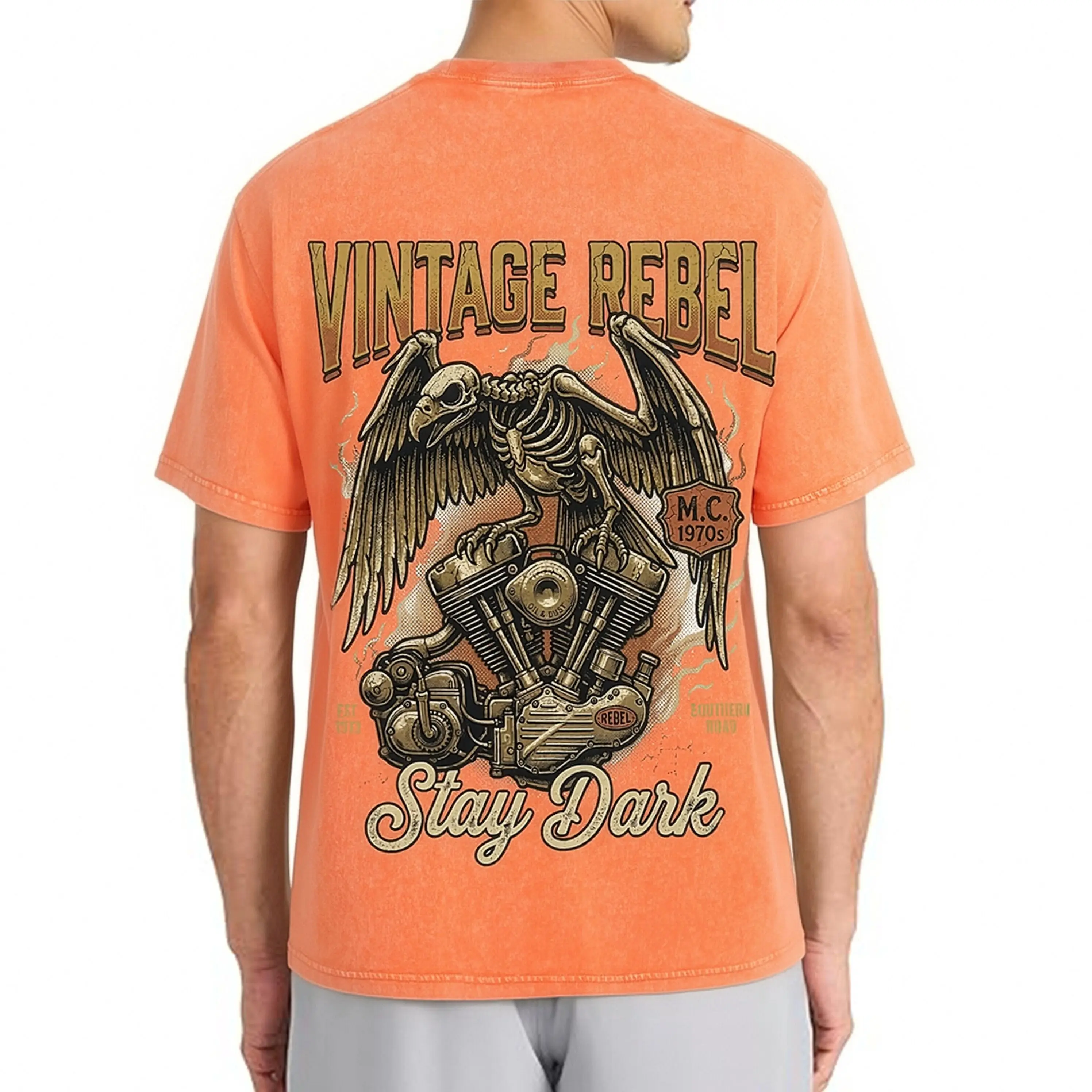 Retro Biker Eagle Skeleton Motorcycle Back Print Vintage Acid Wash Men Loose Short Sleeve T-Shirt Vintage Rebel Punk Casual Top
