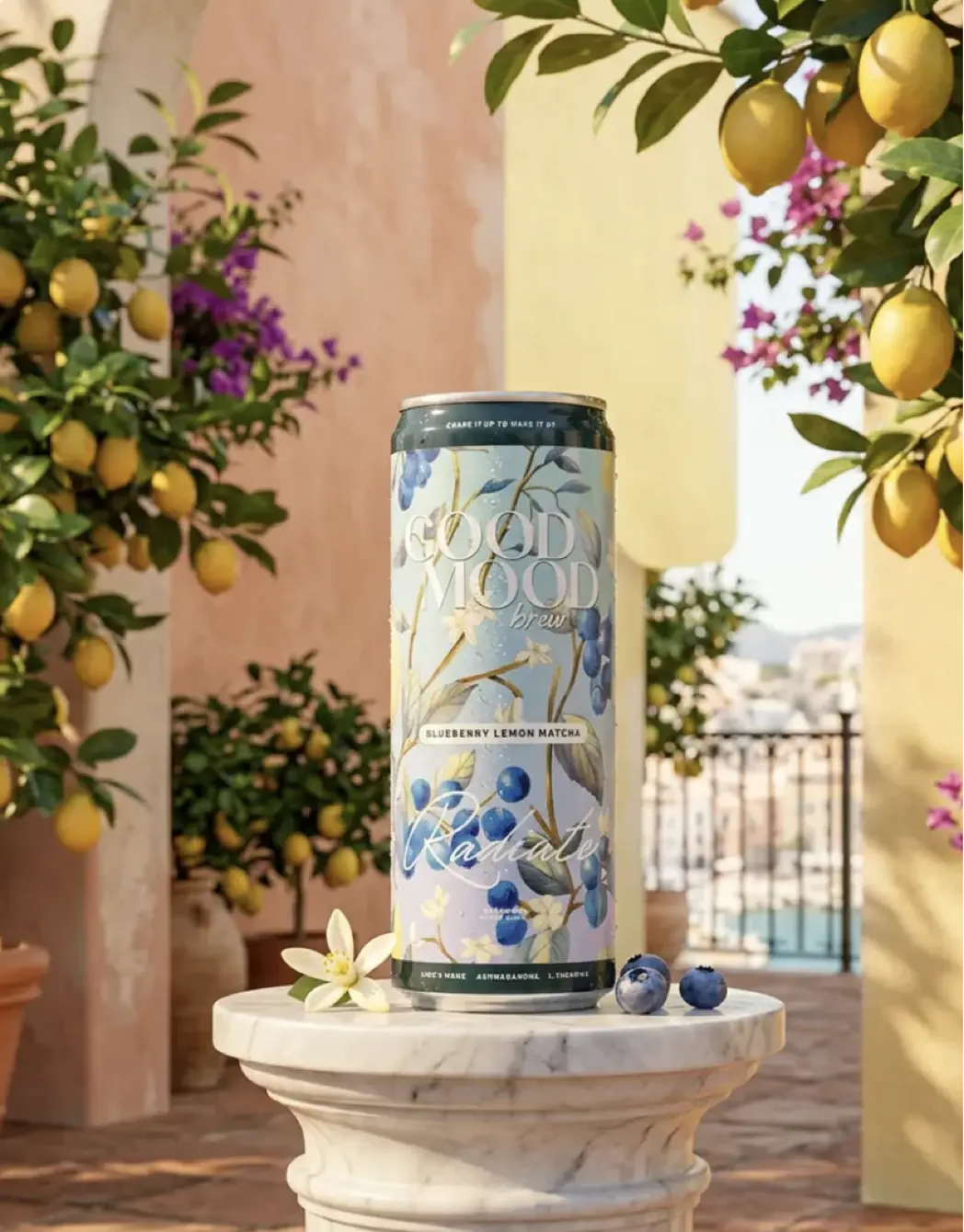 Good Mood Brew Blueberry Lemon Matcha Functional Sparkling Beverage Snack - Adaptogens & Nootropics, 5g Fiber, 6 Cans, 12 fl oz Each