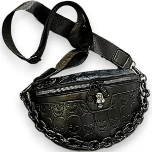 Gothic Black Skull Embossed Crossbody Bag with Chain Strap | Punk Shoulder Purse