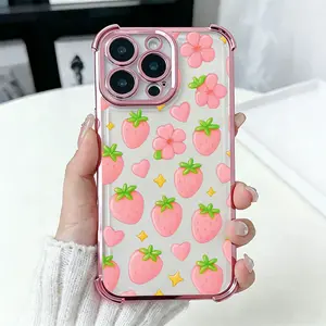 Pink Strawberry Flower Heart Phone Case， Cute Sweet Style for iPhone 17 16 15 14 13 12 11 Plus Pro Max， Lovely Gift.