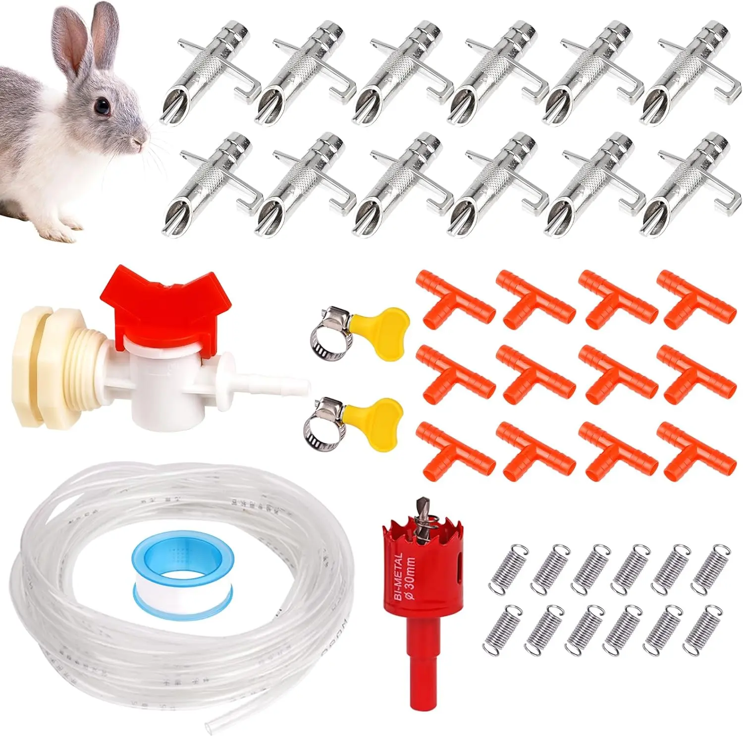 Automatic Rabbit Watering System Kit Rabbit Water Dispenser Include 12 Rabbit Nipple Drinker, Hose, Connector, Hole Opener, Small Animal Rabbit Water Feeder (Silver, 12 Nipple Drinker Kit)