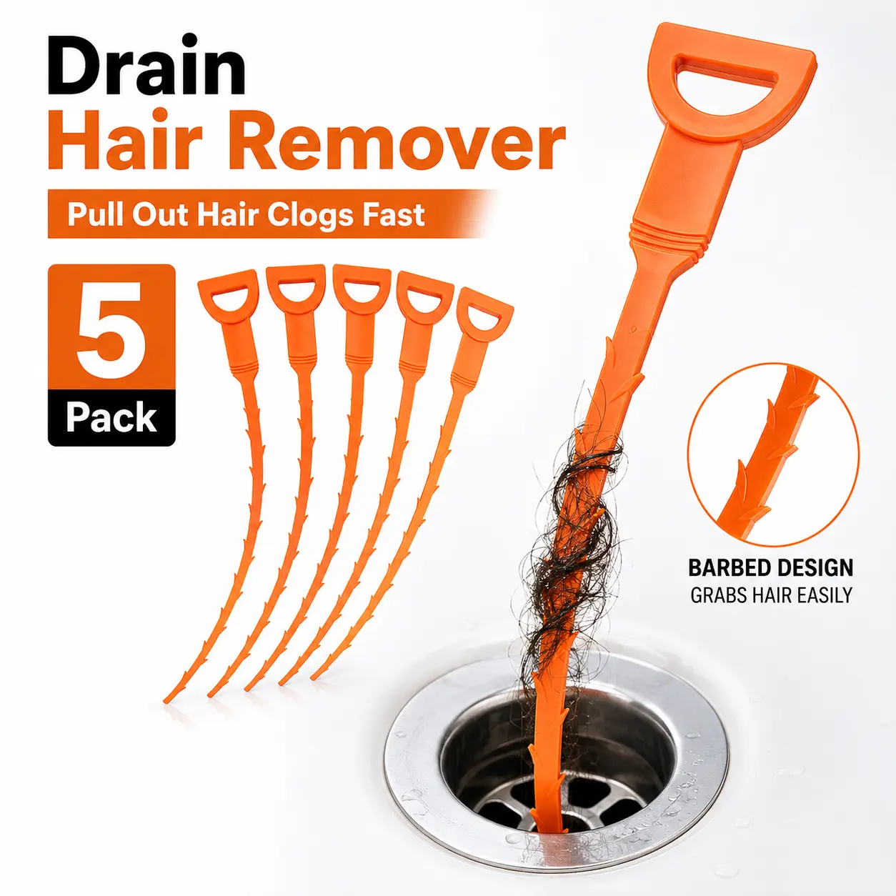 20 Inch Drain Hair Remover Tool, Flexible Barbed Drain Snake Cleaner for Sink, Shower, Bathtub & Kitchen Drains, Hair Clog Removal Tool, 5/10 Pack
