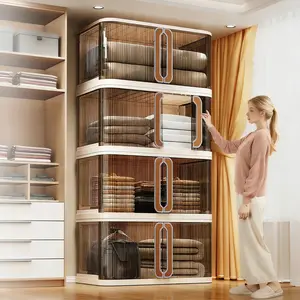 Foldable Storage Box with Lid, 1-5 layers Holders with Wheels for Kitchen Bedroom Bathroom Warehouse Kitchen Home Storage Stackable Organizer