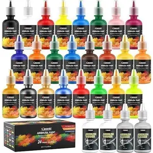 24 Colors Airbrush Paint Set (30 ml/1 oz) with thinner & cleaner, Ready to Spray, Opaque & Neon Colors, Water-Based, Premium Acrylic Airbrush Paint Kit for Beginners, Hobbyist and Artists