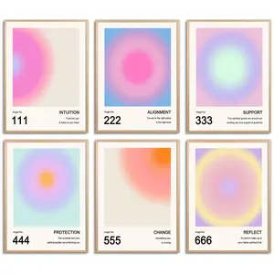6 Piece Angel Number Spiritual Healing Decorative Art, Gradient Glow Positive Energy Poster, Bedroom Living Room Meditation Yoga Wall Art Unframed