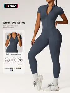 Women's Solid Zipper Mock Neck Sports Jumpsuit, Summer Outfits 2024, Casual Sporty High Waist Quick Drying Jumpsuit for Yoga Gym Workout, Ladies Summer Sportswear, Fitness Activewear, Workout Gym Clothing