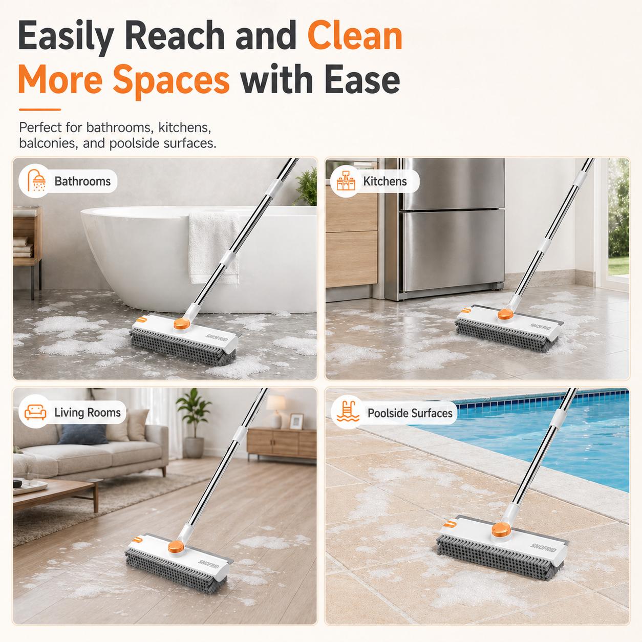 Snofrid Floor Scrub Brush, 3 in 1 Floor Scrub Brush with 54-in Adjustable Long Handle and Scraper Heavy Duty Stiff Bristle Floor Scrubber for Cleaning Shower Bathroom Kitchen Patio Garage Pool Wall and Deck, Orange&White Snofrid Floor Scrub Brush, 3 in 1 Floor Scrub Brush with 54-in Adjustable Long Handle and Scraper Heavy Duty Stiff Bristle Floor Scrubber for Cleaning Shower Bathroom Kitchen Patio Garage Pool Wall and Deck, Orange&White