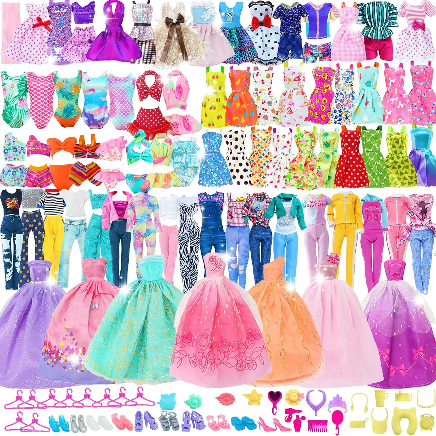 50PCS Doll Clothes & Accessories Set for 11.5 Inch Dolls – 2 Gowns, 5 Dresses, 2 Swimsuits, 3 Outfit Sets, 10 Shoes, 10 Hangers, 18 Accessories (No Doll)