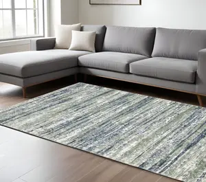 HomeRoots 10x13 ft. Rectangle Striped Distressed Strip Area Rug, Blue & Green, 360 Stand, Stain-Proof, Industrial Vibe, for Living Room Decor, Strip Area Rugs
