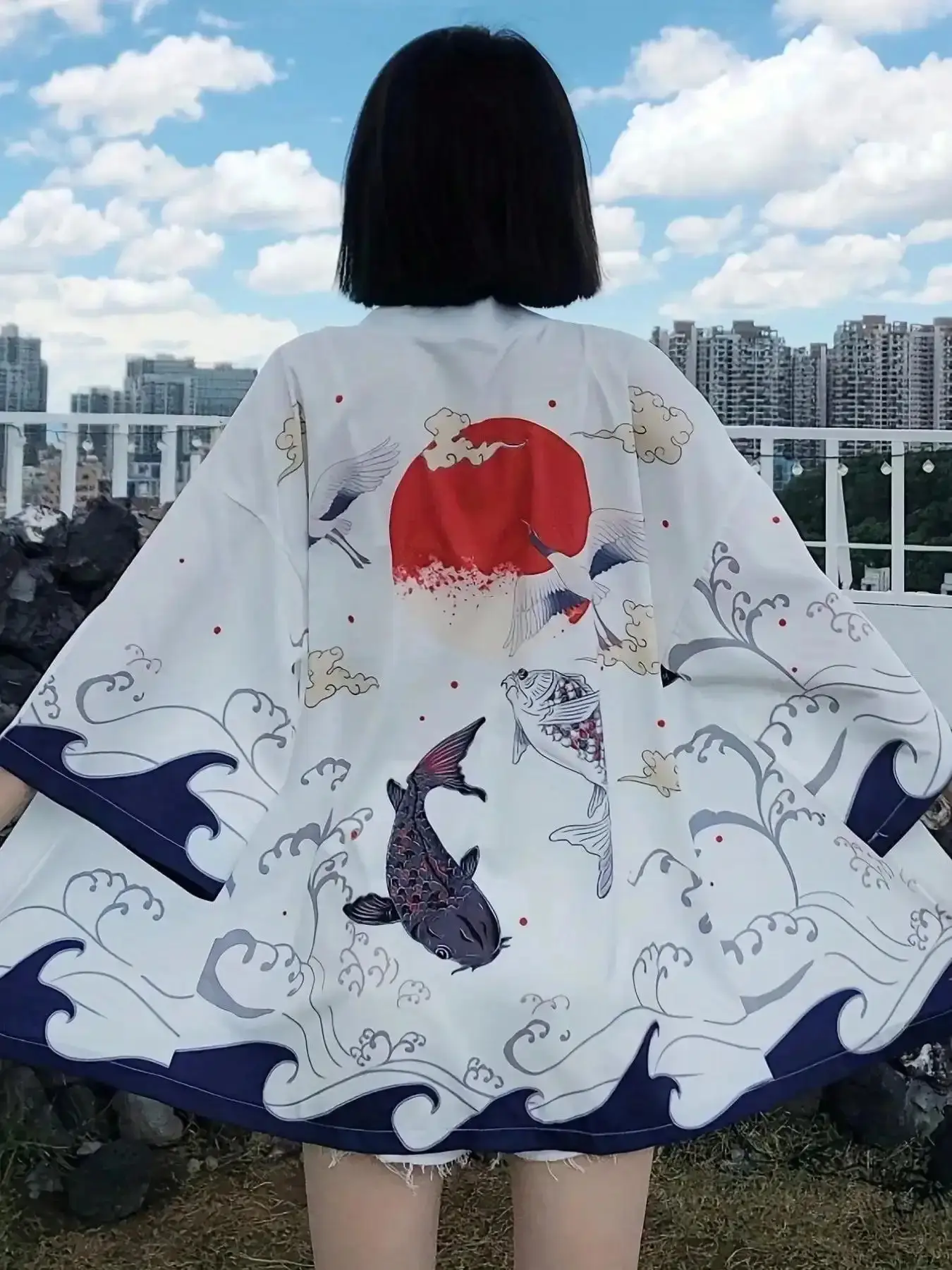 Elegant Koi Print Seven-Quarter Sleeve Traditional Asian Hanfu Robe Loose Fit Japanese Kimono Jacket for Men Chic and Women Casual Beach Vacation Wear Spring Summer Sun Protection versatile outerwear lightweight layer, work outfit