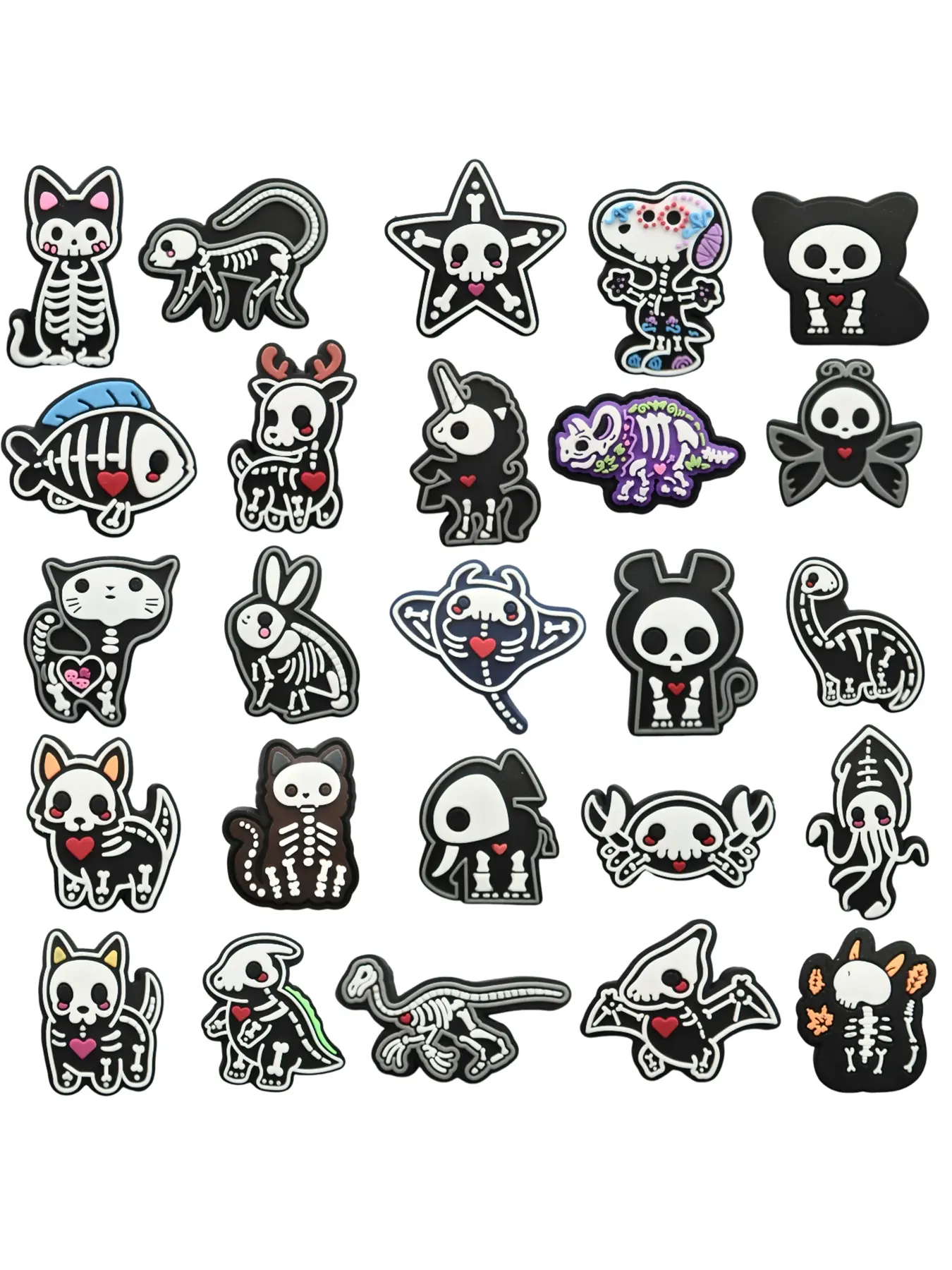 25pcs Cartoon Dark Animal Skeleton Shoe Accessories, Shoe Decoration, Shoe Charms Set, PVC Material, DIY Detachable Waterproof, Perfect for Birthday, Halloween, Gothic Style Gifts