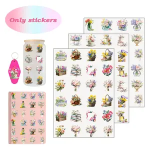 3 Sheets Floral Blue Theme Transparent Waterproof Stickers, UV DTF Transfer Paper for Cups, Phone Cases, Keychains, Party Gifts, Custom Decorations