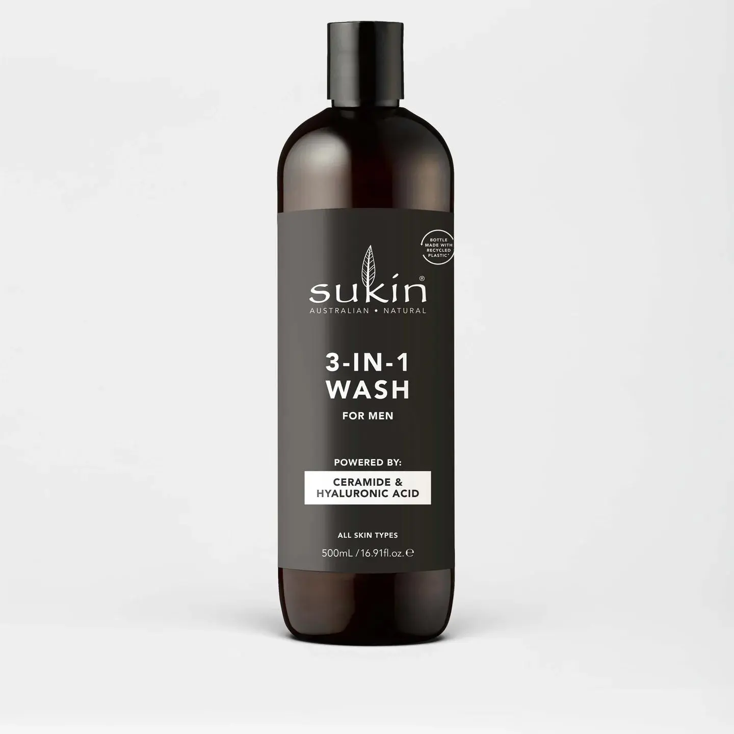 Sukin Men's 3-in-1 Wash 16.91 fl. oz. with Ceramide & Hyaluronic Acid for All Skin Types - Versatile Grooming Solution for Daily Skincare