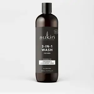 Sukin Men's 3-in-1 Wash 16.91 fl. oz. with Ceramide & Hyaluronic Acid for All Skin Types - Versatile Grooming Solution for Daily Skincare