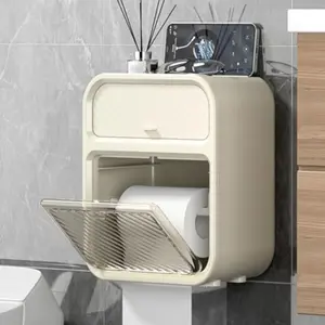 Wall-Mounted Paper Towel Holder Shelf, No-Drill Dual-Layer Bathroom Roll Dispenser, Classic Style Toilet Paper Box Organizer