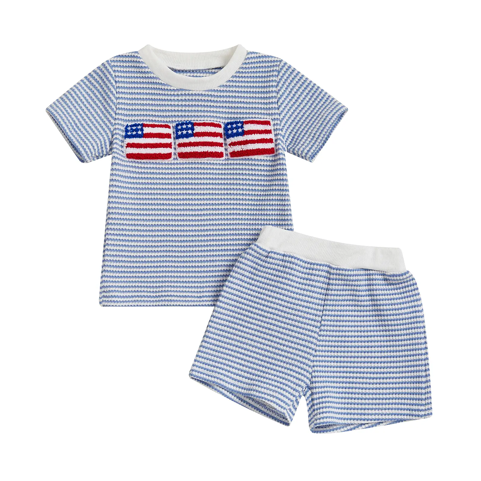 Baby Boy 4th of July Outfit Toddler American Flag Embroidery Striped Short Sleeve T Shirts Shorts Fourth of July Summer Waffle Clothes Set