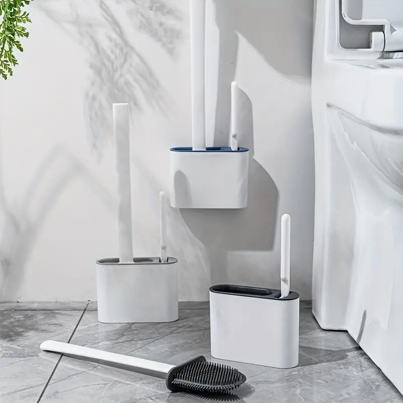 1set 2 Toilet Brushes & 1 Holder Wall Mounted Toilet Brush And Holder Set For Bathroom Restroom Flexible Toilet Bowl Brush Head With Silicone Bristles Bathroom Accessories Bathroom Supplies