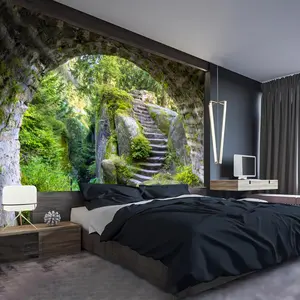 [2D Flat Print] 1 piece - Extra large size - High-definition digital print of mountain caves, trees, and stone steps - Giant tapestry - Polyester fiber - Home decoration - No installation required