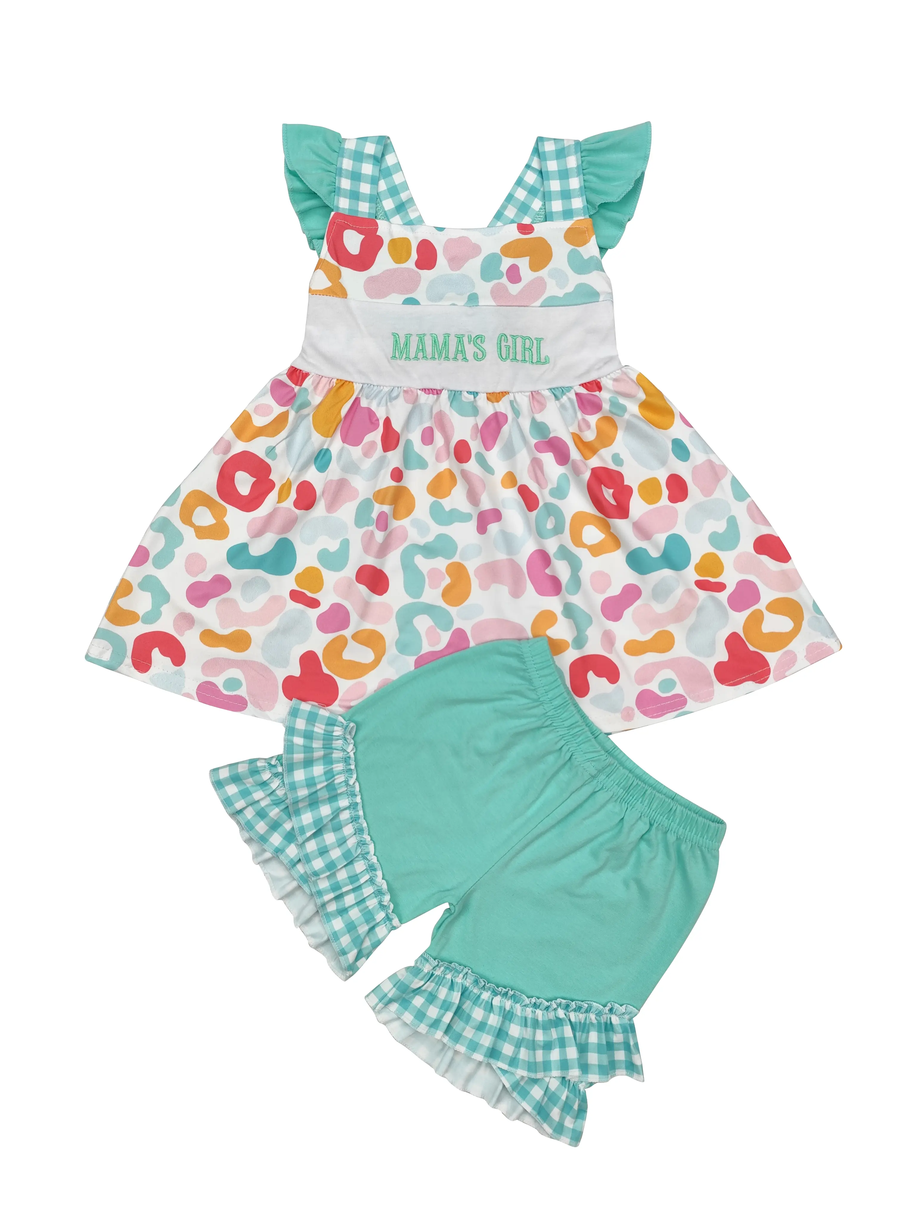 Girls' Leopard Print Casual Fashion Set, Colorful Embroidery MAMA-Themed Outfit for Children